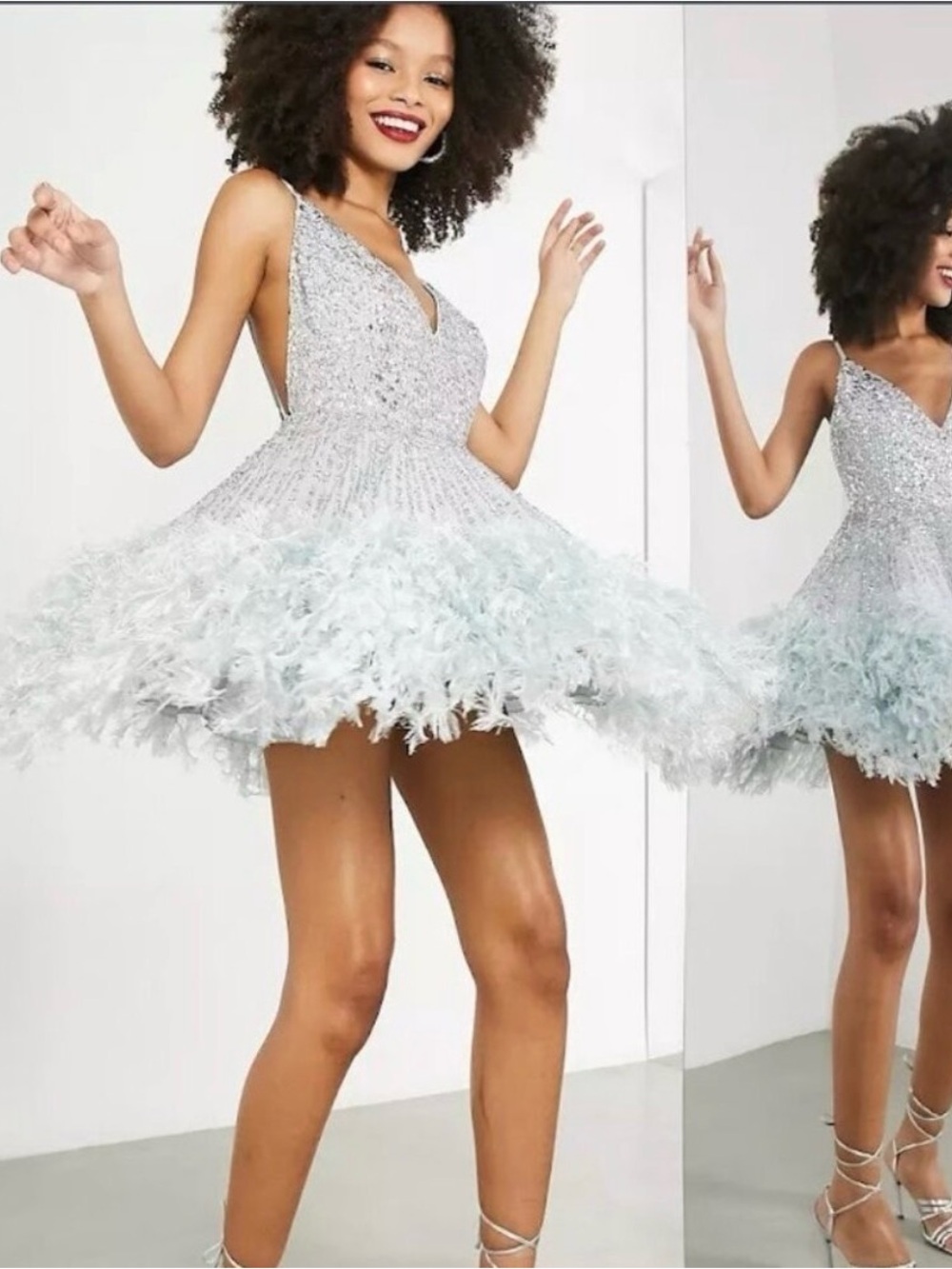 NWT ASOS Size 4 US Sequin Cami Mini Dress with Faux Feather Hem in Ice Blue - Picture 5 of 6